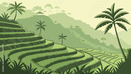Lush green terraced rice paddies cascading down mountain hills in Bali, tropical palm trees, mist rising from valleys, morning light, detailed landscape photography