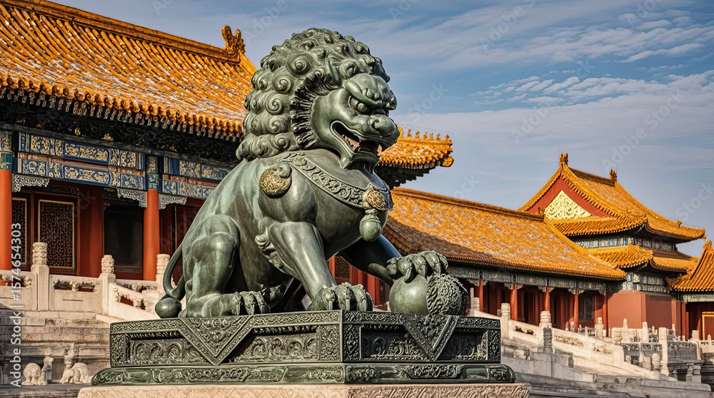 Fototapeta premium Forbidden City bronze lion, ancient architecture, traditional culture landmark attraction