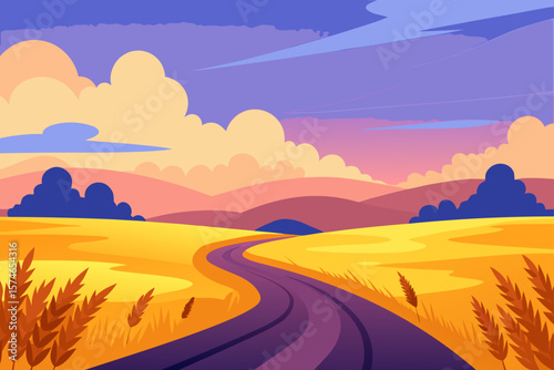 Mountain and hill landscape at sunrise with a winding road under a vast sky, perfect for travel