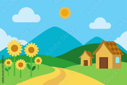 Vibrant summer rural landscape with a charming house under a bright sky, surrounded by green fields, trees, and distant hills