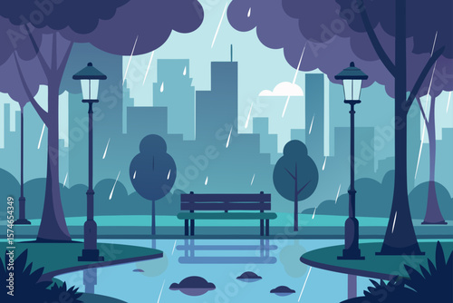 Blue urban skyline illustration with city buildings and green trees under a vast blue sky