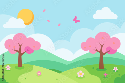 A vibrant spring landscape featuring a heart-shaped tree amidst rolling green hills, wildflowers, and a bright sky with fluffy clouds