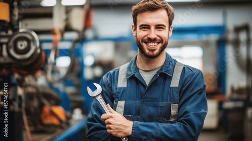 Skilled Mechanic Smiling in Workshop Holding Wrench Tool