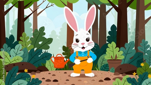 Cute bunny gardener in overalls standing proudly in the forest with bright colorful vector art
