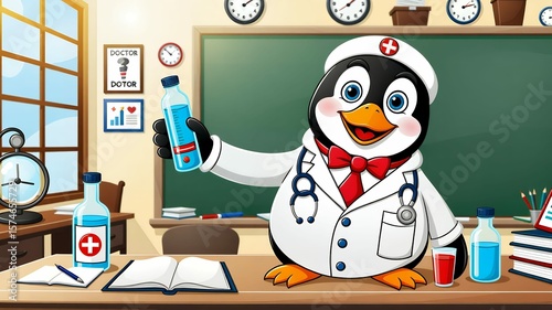 Cartoon penguin doctor in a white coat holds blue liquid bottle in a classroom setting illustration