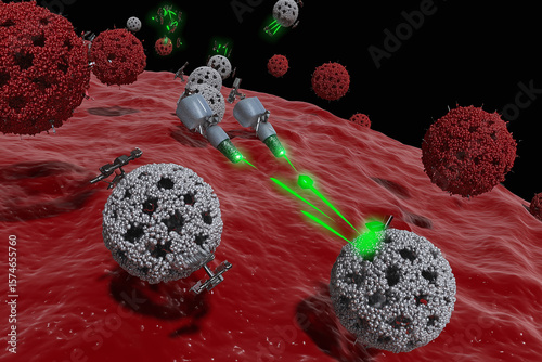 Nanobot swarm repairing damaged tissue with green laser beams, futuristic medical technology showing microscopic robots working on cellular level with red and gray particles