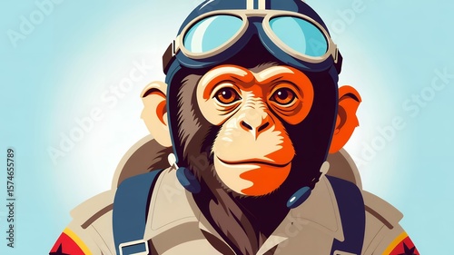 Stylish vector illustration of a chimpanzee pilot wearing vintage flight gear with retro vibes.