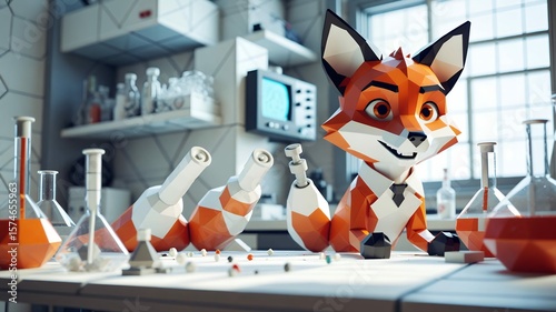 Low-poly fox scientist smiles in a lab setting surrounded by beakers and test tubes.