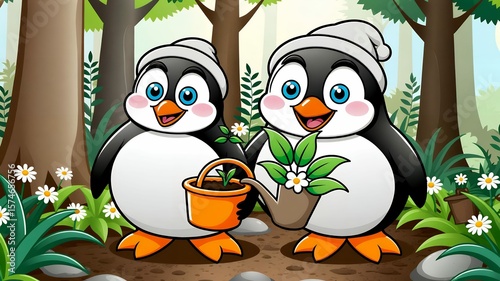 Two charming cartoon penguins in hats hold potted plants amidst a vibrant forest scene