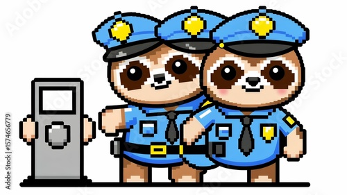 Pixel art sloths dressed as police officers stand next to a grey police call box icon style.