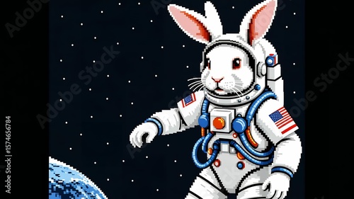 Pixelated bunny astronaut in space suit floats near Earth with stars in a retro style.