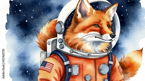Watercolor painting depicts a fox in an astronaut suit against a cosmic starry background design