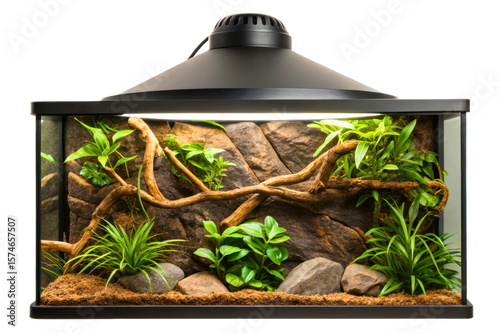 Naturalistic vivarium with live plants, rocks, and wood branches isolated with transparent background