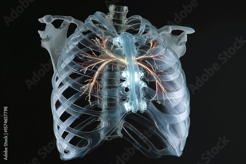 Transparent human rib cage with detailed nerves and spine, showing anatomical structure with futuristic and scientific feel, highlighting flexible nano material design