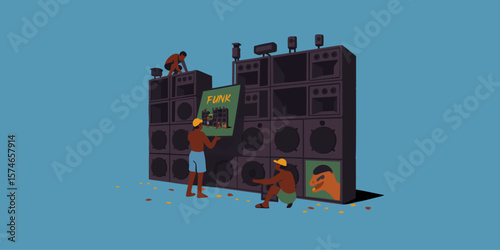 Vector illustration of men setting up a wall of speakers on a favela rooftop in Rio de Janeiro with Brazilian flag, in flat and minimalist style