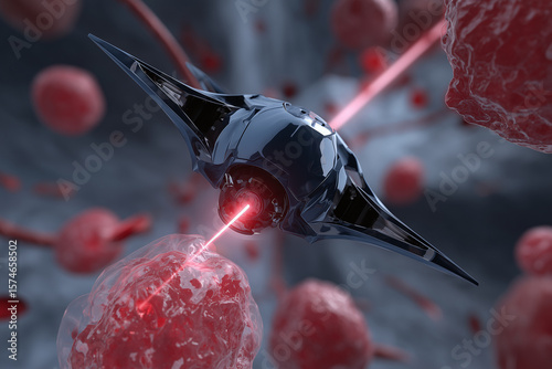 Nanobot swarm targeting damaged tissue with precise laser beams in futuristic medical scenario, showing advanced technology repairing cells with high accuracy and care