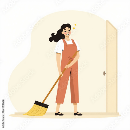 A woman with a broom stands in a room, ready to clean.