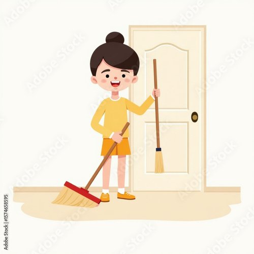 Happy girl cheerfully sweeping floor, ready to clean her home.