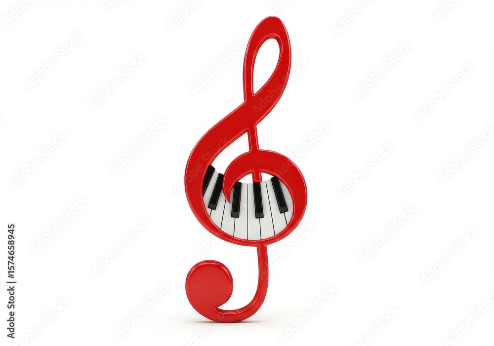 Obraz premium Red treble clef symbol integrated with piano keys isolated on white background