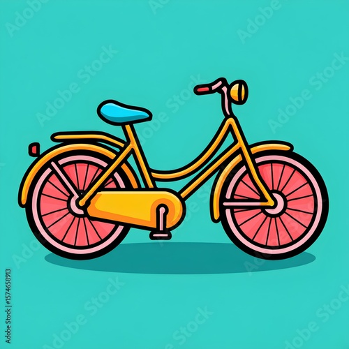 Artistic bicycle artwork with vivid wheels and frame, creating a cheerful contrast with the soft, minimal blue background.