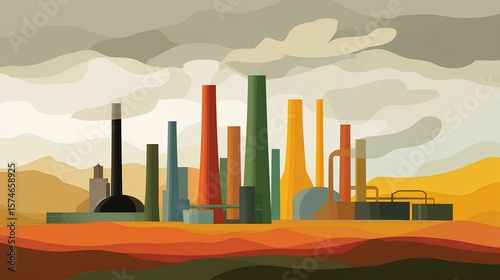 Colorful industrial landscape illustration featuring various factory structures with smokestacks, representing modern manufacturing and environmental impact.