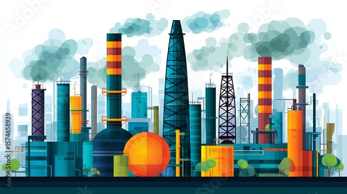 Colorful industrial landscape illustration featuring various factories, smokestacks, and machinery, showcasing modern manufacturing and energy production in a vibrant urban setting