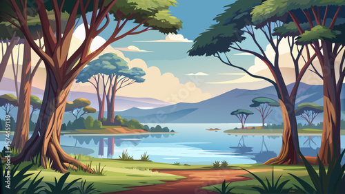 Lake Nakuru, Kenya – Calm lakeshore meets reflective waters, framed by towering eucalyptus trees. Soft ripples and gentle light create a tranquil atmosphere, ideal for vector-ready natural scenery