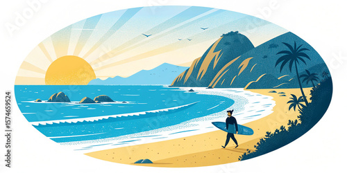 A bright, circular image, stylized Pfeiffer Beach, Claifornia in full daylight, featuring the beaches in a minimalist, flat color style. 