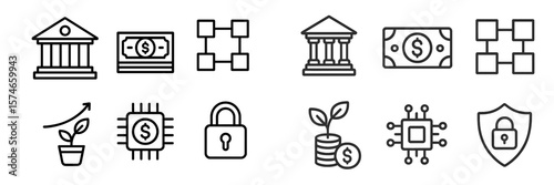 Financial symbols illustrating banking, investment, and technology concepts in a modern design approach