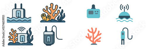 Illustrations of underwater technology and coral ecosystems in diverse aquatic environments