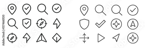 Collection of various simple icons representing navigation, location, and user interface design