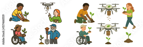 Gardening and technology unite as individuals of all abilities plant seeds with the help of drones in a vibrant community setting
