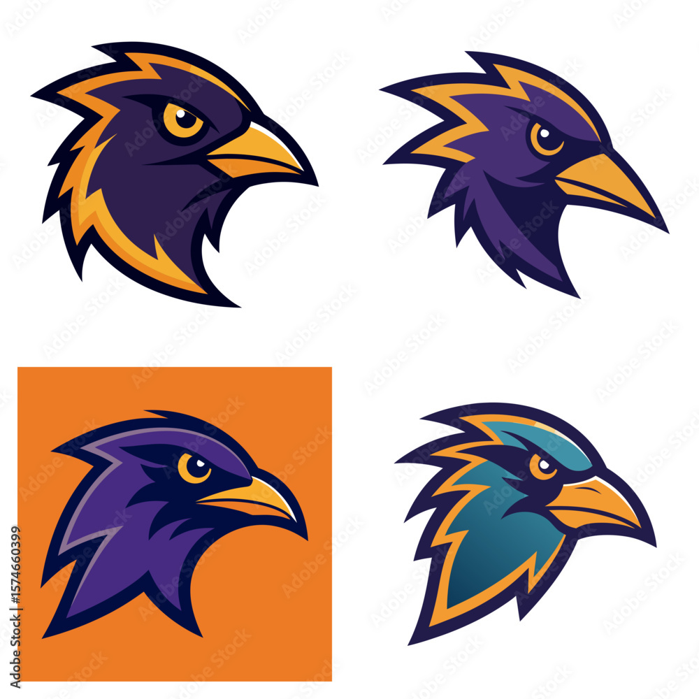 Fototapeta premium Collection of four stylized bird head logos with sharp features and vibrant color schemes present here