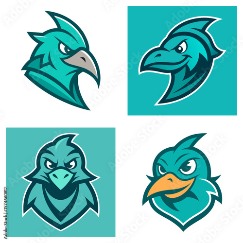 Illustration of four cartoonish teal bird heads with different expressions and beak colors on white background