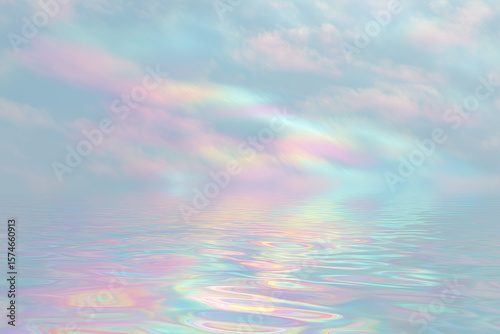 Soft pastel cloud sky merging with glowing water ripples reflecting gentle rainbow hues in calm and dreamy atmosphere, evoking peaceful and serene emotions