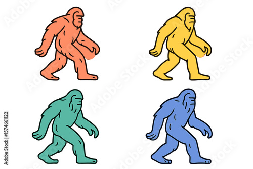 Colorful illustrations of different yetis walking in various directions