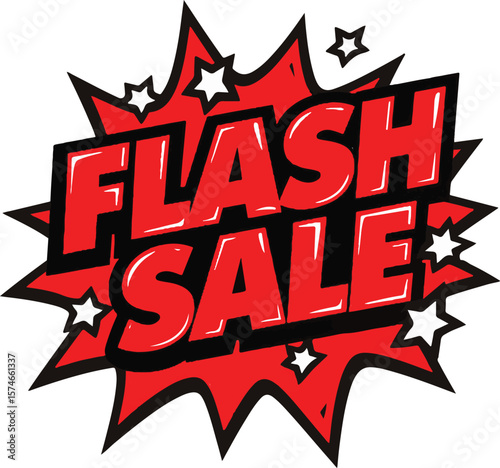 Vector art of bold red flash sale text with stars and explosion shape isolated on transparent background
