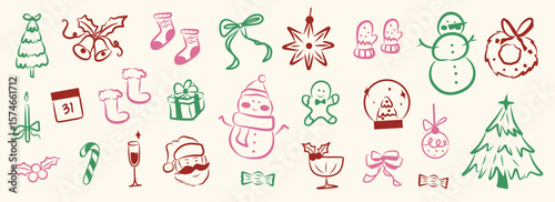Whimsical Christmas doodle line art festive and holiday icon. Green, red, pink elements illustrations for sale, promotion, branding, labels, posters, cards, invitation, greeting card, social media.