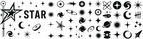Collection of black star shapes featuring sparkles, bling accents, swirls, and geometric bursts – a modern set of decorative design elements perfect for badges, retro aesthetics, and cosmic themes.