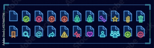 Files symbol set, cyber neon visual, glowing border grid vector.