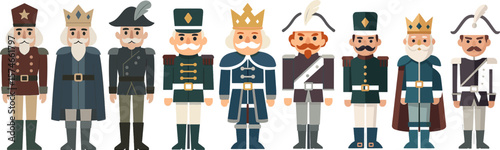 Vector illustration showing a lineup of classic nutcracker toy soldiers and kings in varied historic uniforms, standing neatly in a row on a transparent background, for festive or holiday designs.