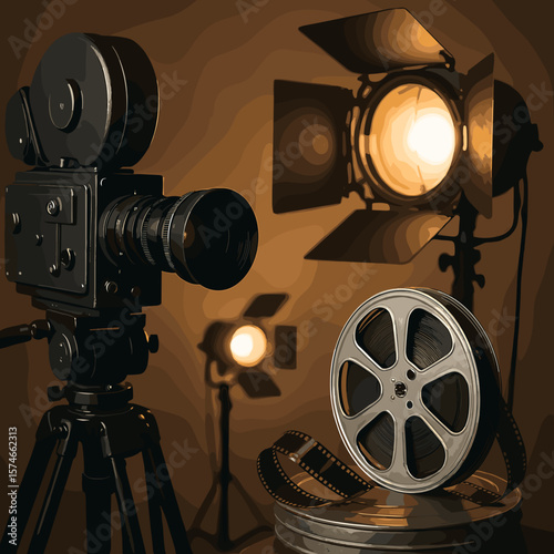 Vintage Style Film Camera with Spotlight and Reel Movie Element Illustration