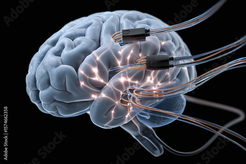 3D illustration of human brain connected to data cables with glowing neural activity, symbolizing technology and neuroscience integration