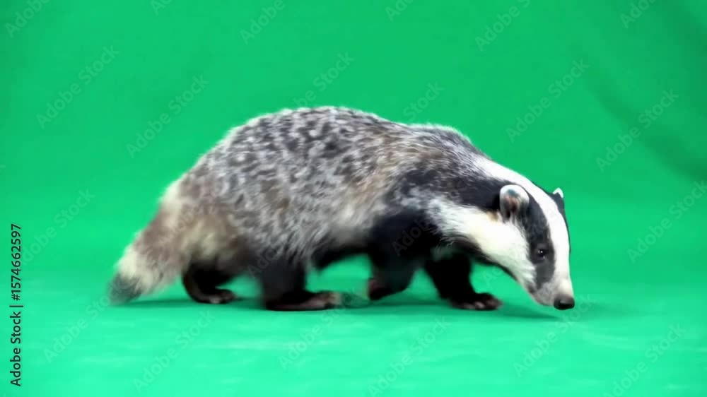 Badger Walking Across Green Screen, Showing Detailed Fur and Markings ...