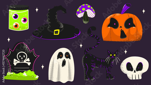 Happy Halloween. Doodle style spooky pumpkin, cat, skull, grave. Isolated vector illustration.