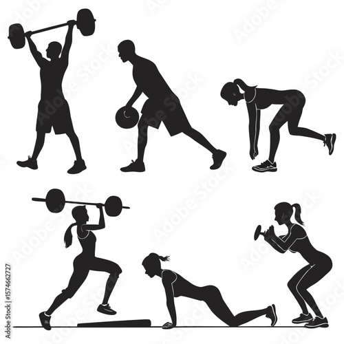 Diverse people in silhouette lift weights, dribble, and perform calisthenics in monochrome set against transparent background