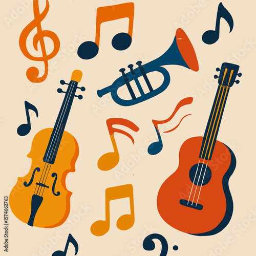 Retro Musical Instrument Element Group With Note Decoration Illustration