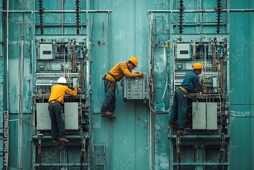 Small workers repairing large electrical components in a power plant.