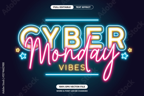 Vibrant neon sign “Cyber Monday Vibes” in blue, yellow, and pink glow with stars. Perfect for sales, ecommerce, and holiday promotions. Fully editable vector file