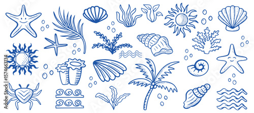 Hand-Drawn Vintage Summer Icons Set. Doodle Sketches of Palm Trees, Sun, Sea, Shells, and Corals for a Coastal Vacation Theme